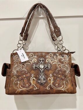 Western Brown Embroidered Handbag with Cross Rhinestone Design NWT